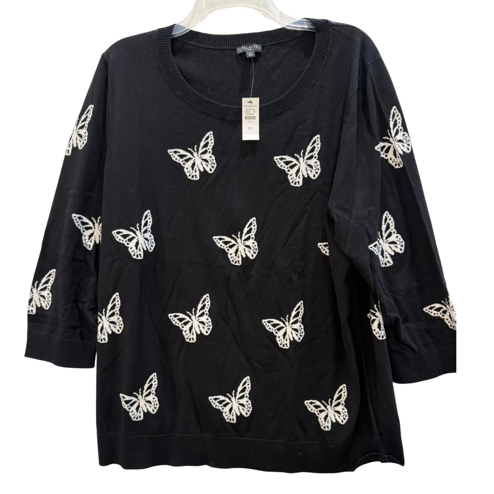 Talbots Plus Size‎ 2X Butterfly Intarsia Sweater Black White 3/4 Sleeve NEW